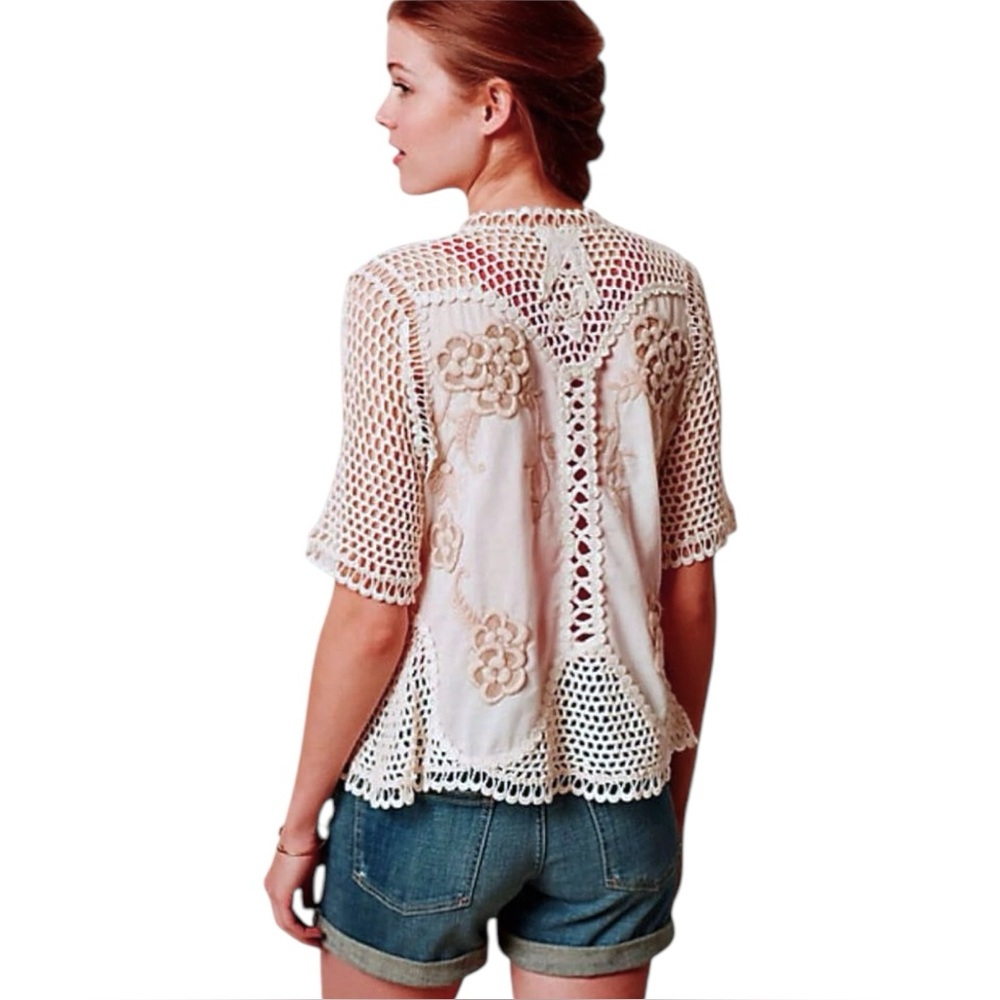$198 Anthroologie Clemente Cardigan Small 2 4 Ivory Hand Knit Details Crochet - Picture 6 of 13
